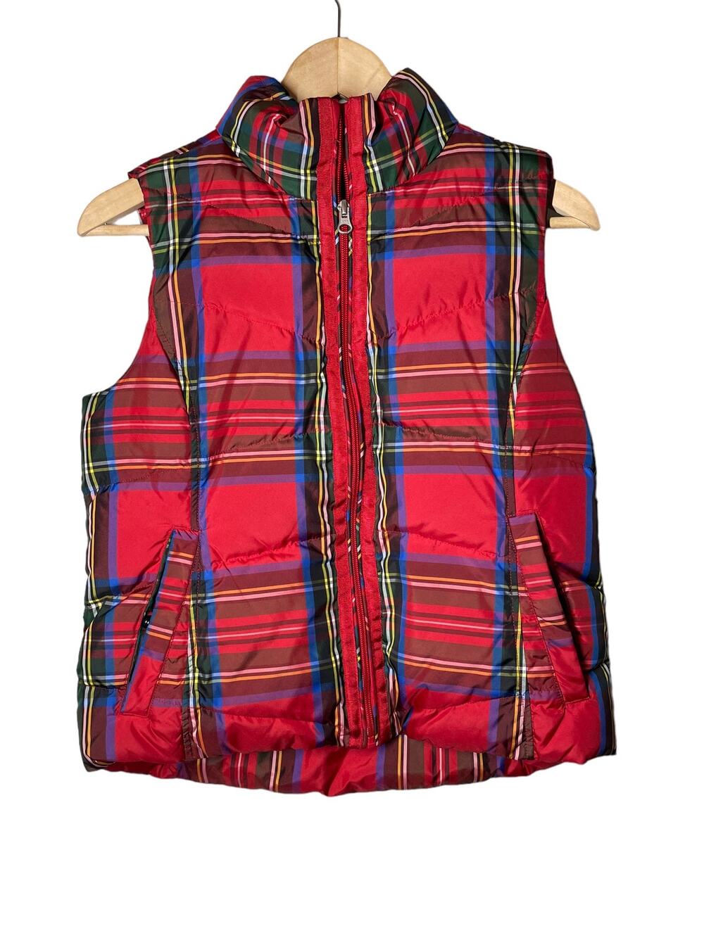 Lands' End Red Plaid Down Puffer Vest Sz XS Holiday Womens